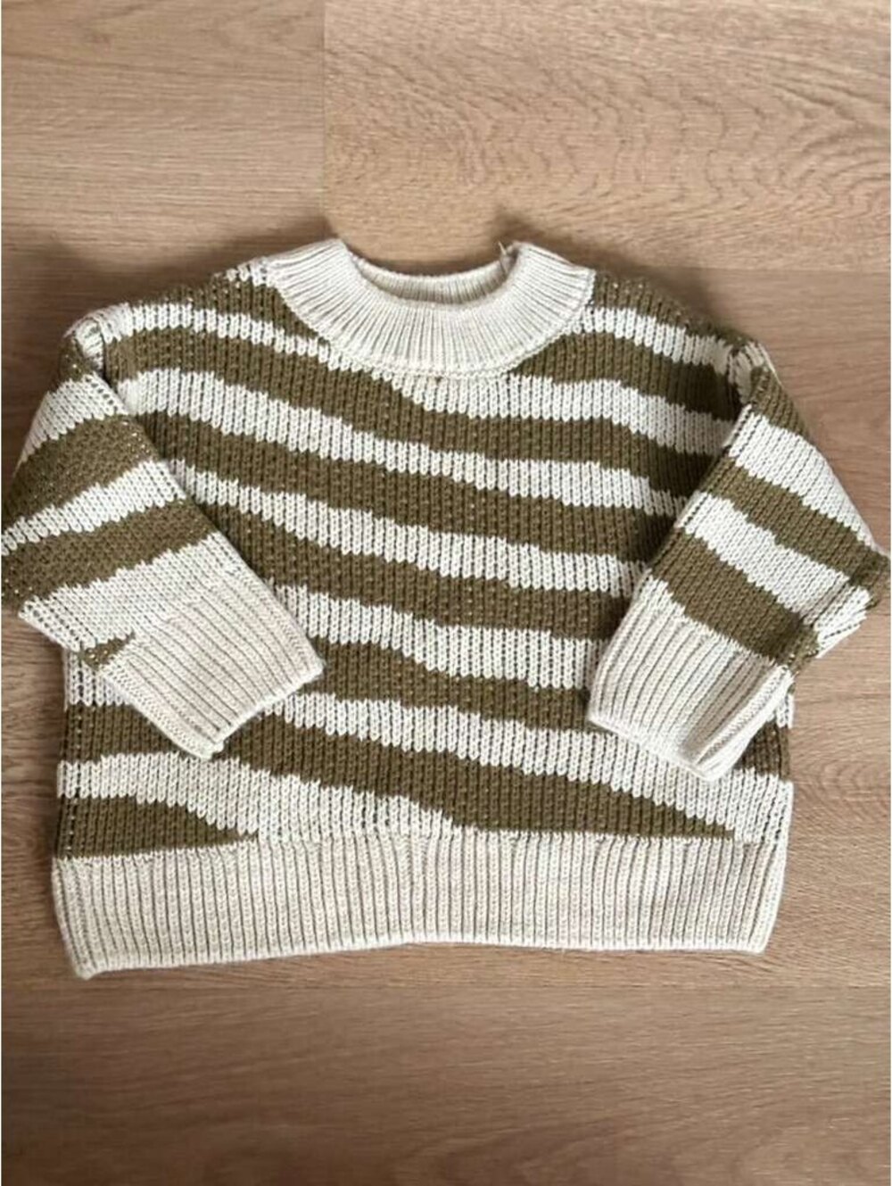 ZARA Baby 9-12M Chunky Knit Striped Sweater Olive Green Cream Cozy Fall